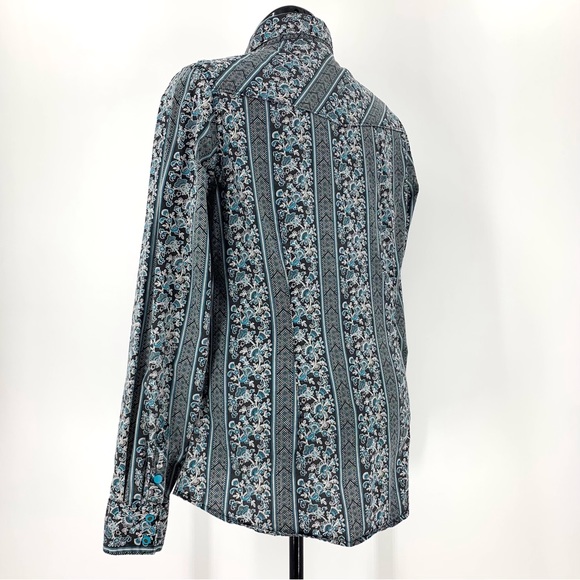 Cruel Black and Teal Floral Paisley Snap Closure Western Rodeo Shirt, Large - Picture 7 of 16